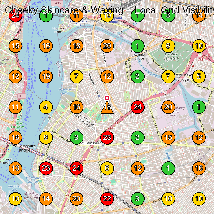 Cheeky Skincare & Waxing Skin Care Clinic GeoGrid ranking map for Brooklyn NY